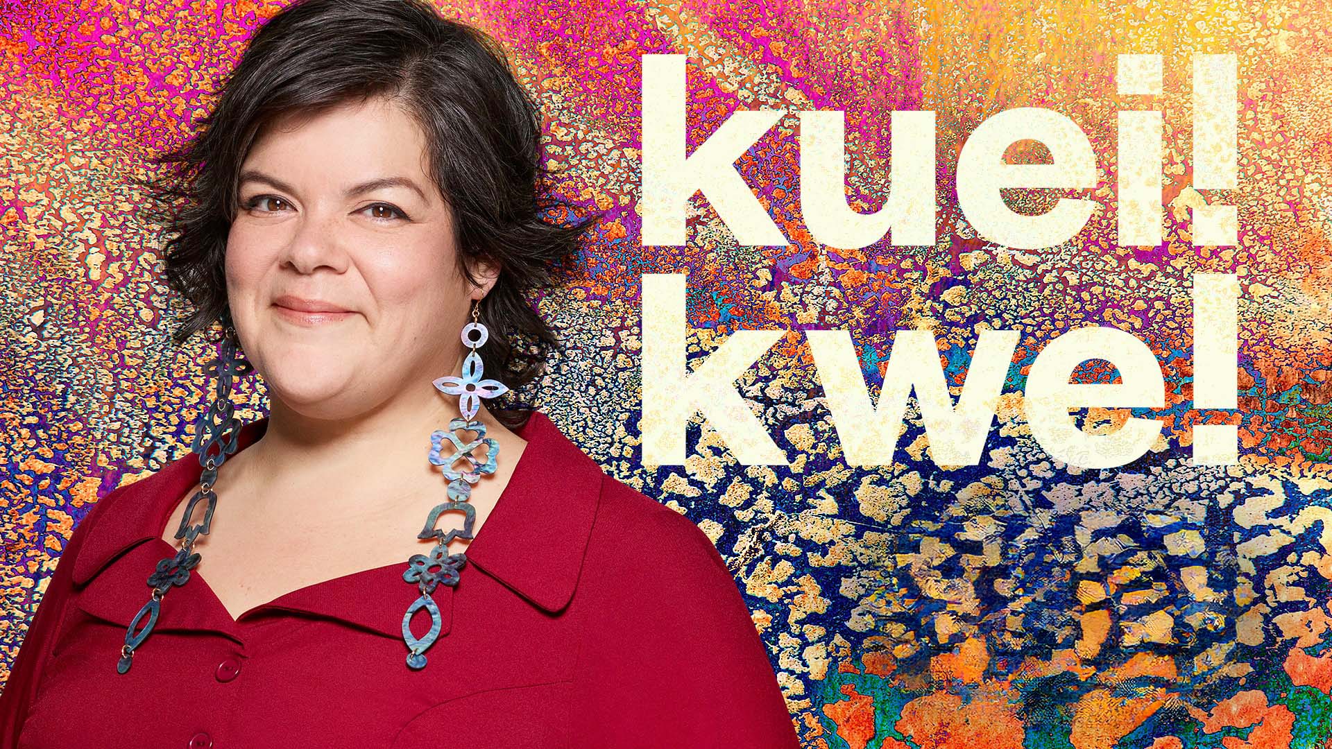 An image shows the host of a radio show on the left with Kuei! Kwe! written on the right over a colorful background with patterns.